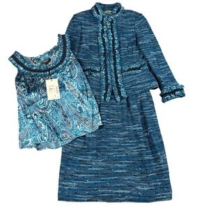 St John Couture 3 Piece Suit Set Size 6 Small Blue Silk/Wool Tweed Jacket Skirt‎